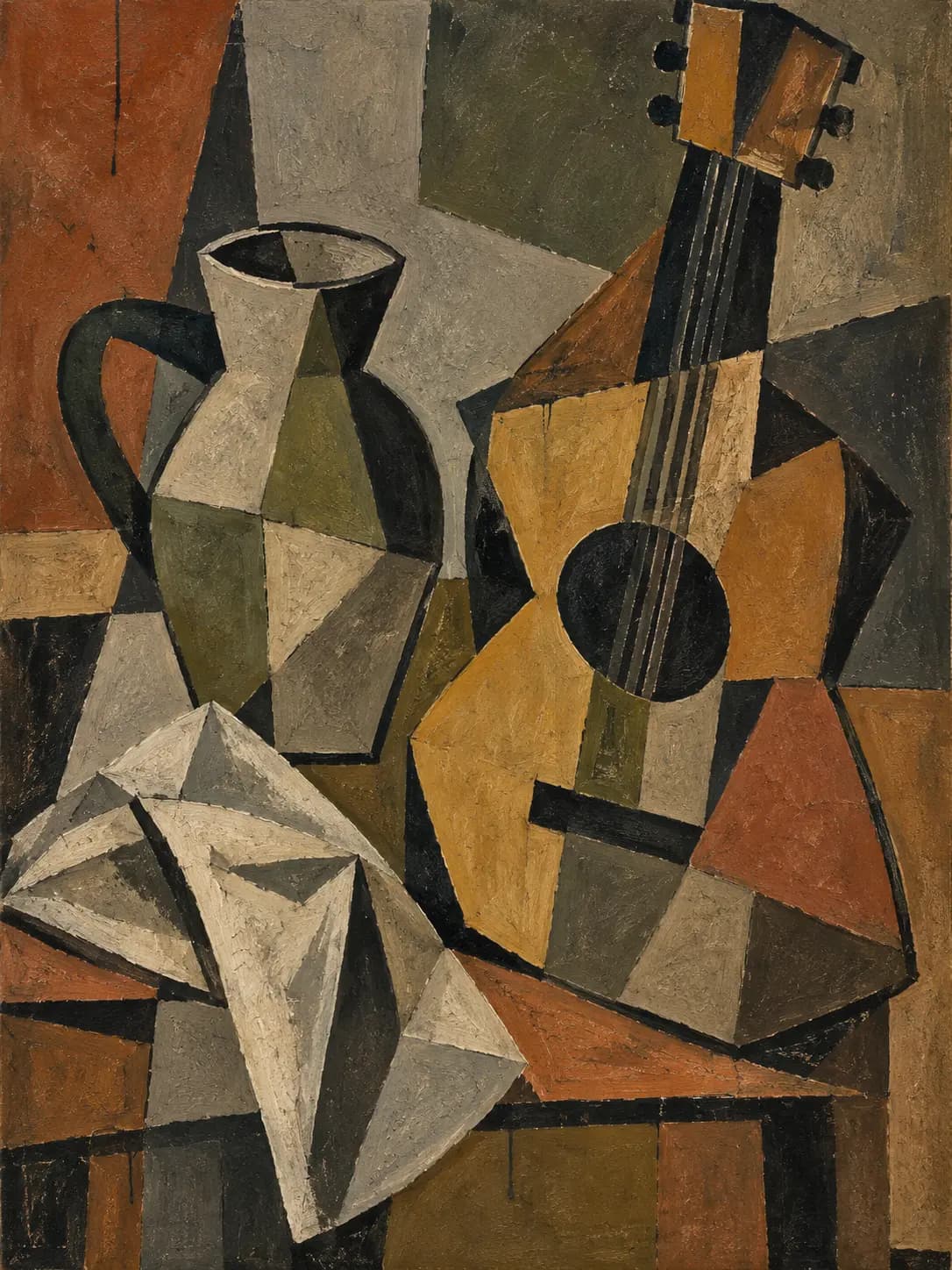 Cubist still life of a guitar, jug and folded cloth broken into flat planes.